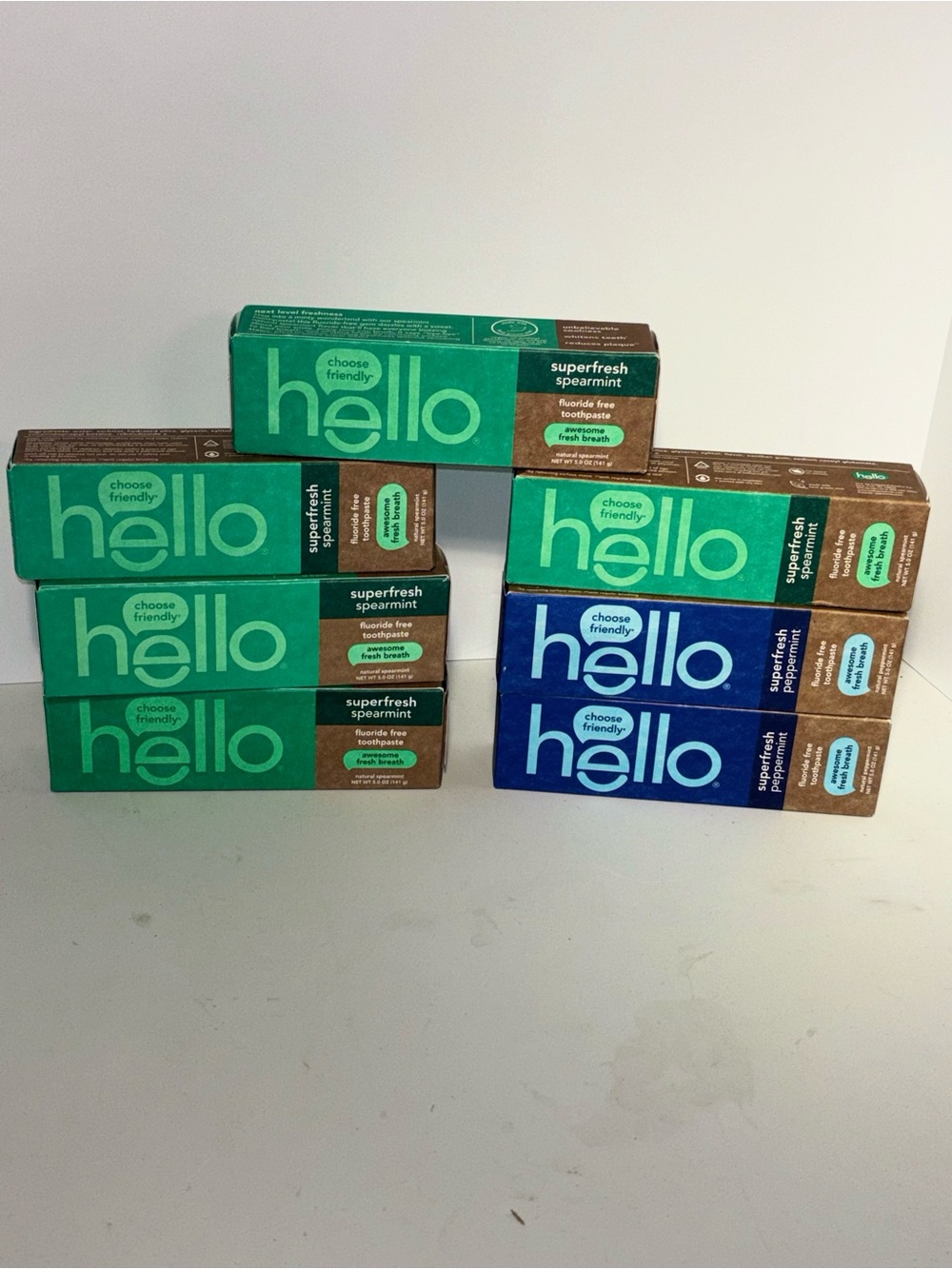 Bundle of 7 NIB Hello Superfresh Toothpaste Spearmint and Peppermint No Fluoride